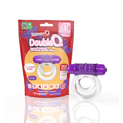 Screaming O DoubleO 6 vibrating double ring in clear with purple motor, shown with eco-friendly red and orange packaging.