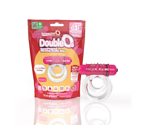 Screaming O DoubleO 6 vibrating double ring with pink bullet vibrator and clear stretchy rings in eco-friendly packaging