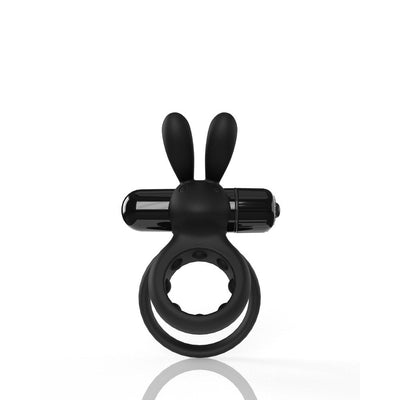 Black vibrating double cockring with soft silicone rabbit ears and bullet vibrator attachment.