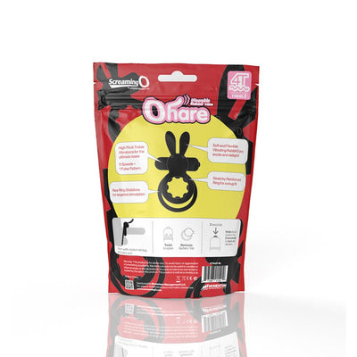 Packaging of Screaming O 4t Ohare Vibrating Rabbit Double Cockring with product features and usage instructions on a red and yellow background.