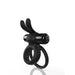 Black silicone double ring with flexible rabbit ears and a detachable bullet vibrator on a white background.