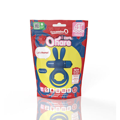 Blueberry-colored Screaming O Ohare vibrating rabbit double cockring in eco-friendly packaging with product details and features.