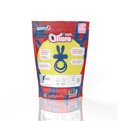 Packaging of Screaming O 4t Ohare Vibrating Rabbit Double Cockring with product features and usage instructions on a red and blue pouch.