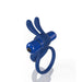 Blue silicone double cockring with vibrating bullet and flexible rabbit ear stimulator.