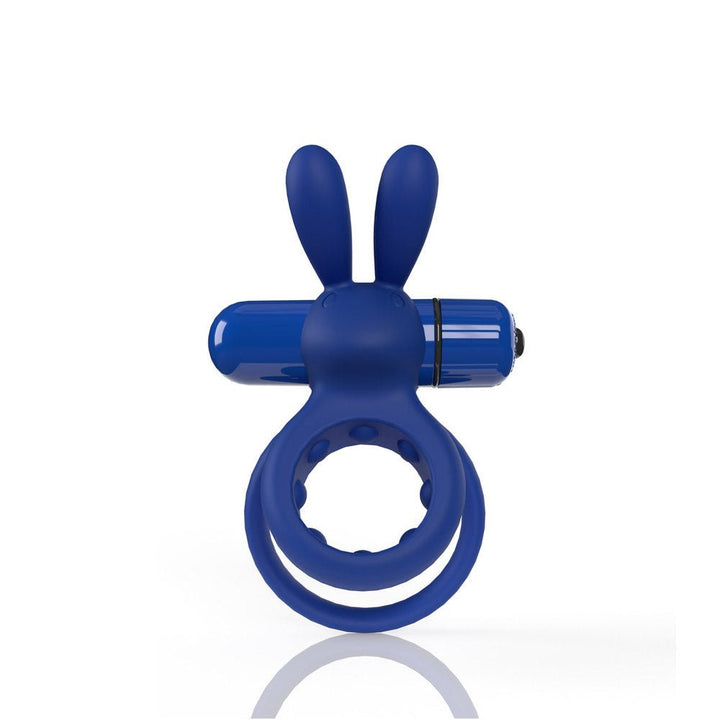 Blue silicone double ring vibrating cockring with flexible rabbit ears and removable bullet vibrator.