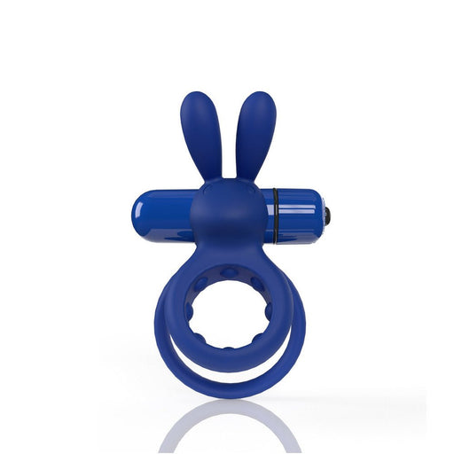 Blue silicone double ring vibrating cockring with flexible rabbit ears and removable bullet vibrator.