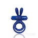 Blue silicone double ring vibrating cockring with flexible rabbit ears and removable bullet vibrator.