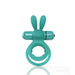 Teal double ring vibrating cockring with soft rabbit ears and removable bullet vibrator on white background.