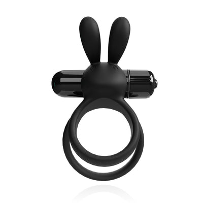 Black silicone double ring with flexible rabbit ears and attached bullet vibrator for enhanced stimulation.