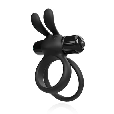 Black double ring vibrator with flexible rabbit ears and removable bullet, designed for enhanced stimulation.