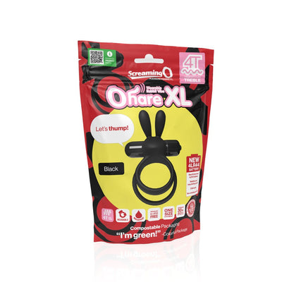 Packaging of Screaming O Ohare XL wearable rabbit vibe in black with eco-friendly compostable design and product features highlighted.