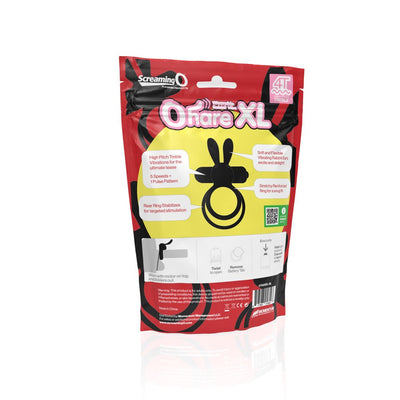 Packaging of Screaming O 4T Ohare XL vibrating double ring with product features and usage instructions on a red and yellow background.