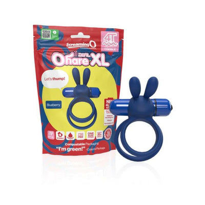 Blueberry-colored Screaming O 4T Ohare XL double ring with flexible rabbit ears and eco-friendly packaging.