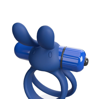 Blue silicone double ring with flexible rabbit ears and removable bullet vibrator attachment.