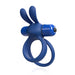 Blue double ring vibrator with flexible rabbit ears and removable bullet, designed for enhanced stimulation.