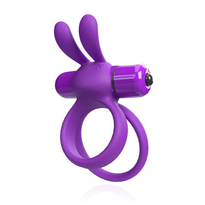 Purple double ring vibrator with flexible rabbit ears and removable bullet for targeted stimulation.