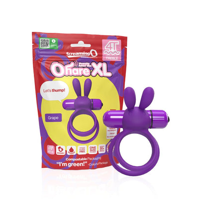 Purple Screaming O Ohare XL wearable rabbit vibe with double rings and flexible ears, shown with eco-friendly packaging.