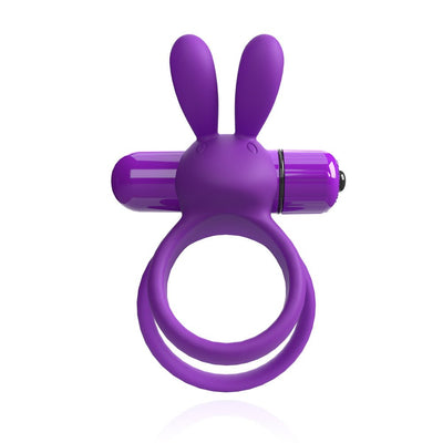 Purple double ring vibrator with flexible rabbit ears and a removable bullet, designed for enhanced stimulation.