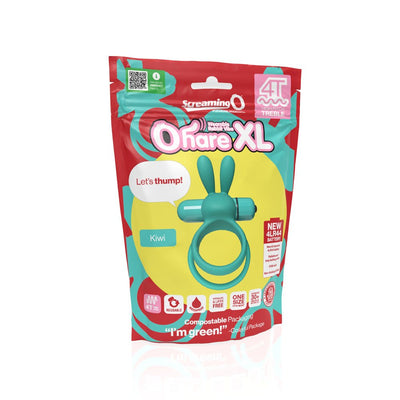 Screaming O Ohare XL wearable rabbit vibe in kiwi color with double rings, eco-friendly packaging, and new 4LR44 battery.