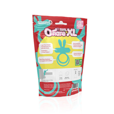 Screaming O 4T Ohare XL wearable rabbit vibe packaging highlighting features and usage instructions on a red and teal pouch