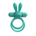 Teal double ring vibrator with flexible rabbit ears and bullet motor for targeted stimulation.
