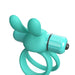 Turquoise silicone double ring with flexible rabbit ears and a detachable vibrating bullet.