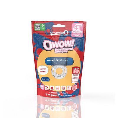 Packaging of Screaming O 4T OWow vibrating cockring in blueberry color with eco-friendly and reusable features shown.