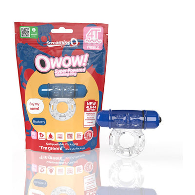 Screaming O 4T OWow vibrating cock ring in blueberry blue with clear stretchy ring and eco-friendly packaging.