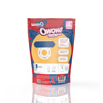 Packaging of Screaming O 4t Owow Vibrating Cockring showing product features and usage instructions on a red and yellow background.