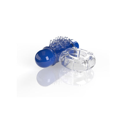 Clear stretchy vibrating ring with blue textured bullet attachment for enhanced sensations and pleasure.