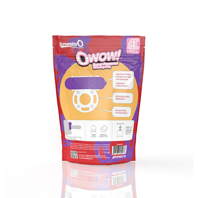Packaging of Screaming O 4T OWow vibrating cockring showing product features and usage instructions.