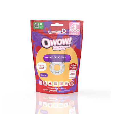 Packaging of Screaming O Owow vibrating ring in grape color with clear stretchy ring and purple bullet vibrator shown on front.