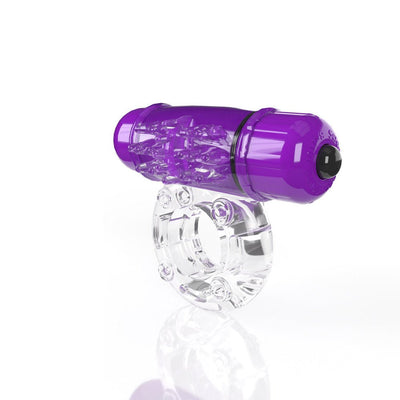 Clear stretchy vibrating ring with textured purple bullet attachment for enhanced pleasure.