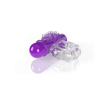 Clear stretchy vibrating cock ring with a removable purple bullet featuring textured ticklers for enhanced sensation.