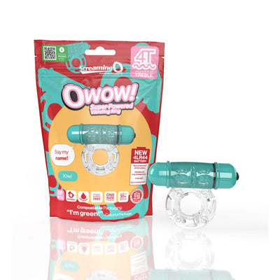 Screaming O 4T OWow vibrating clear ring with teal motor and eco-friendly packaging in kiwi color option.