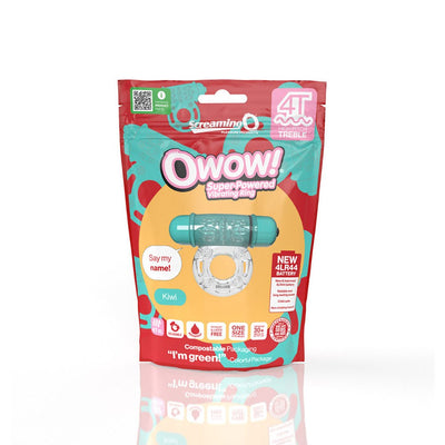 Screaming O 4T OWow vibrating ring in clear and teal with eco-friendly packaging labeled Kiwi scent and new 4LR44 battery.