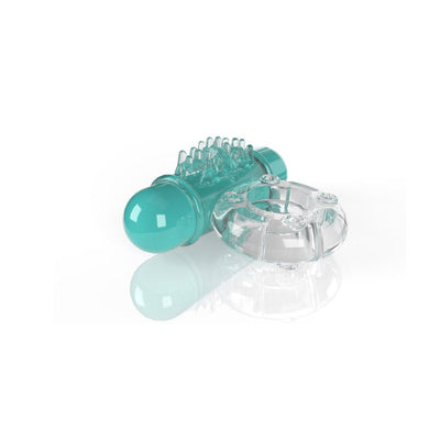 Clear and teal vibrating cock ring with textured tickler and removable bullet vibrator on white background.