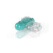 Clear and teal vibrating cock ring with textured tickler and removable bullet vibrator on white background.