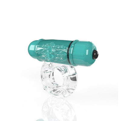 Clear stretchy vibrating cock ring with a teal bullet vibrator featuring textured ticklers for enhanced sensations.