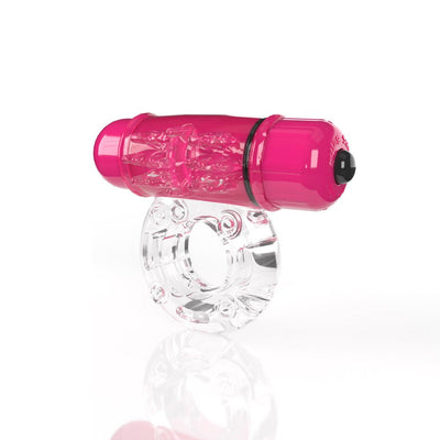 Clear stretchy vibrating cock ring with a bright pink bullet vibrator featuring textured ticklers.