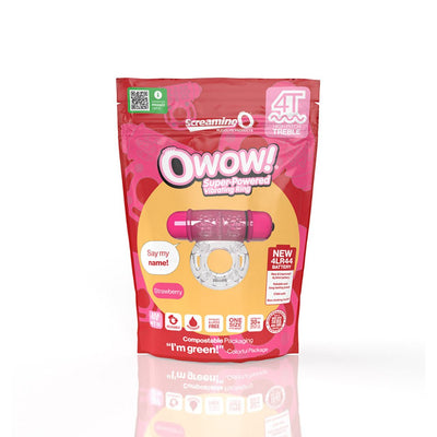 Packaging of Screaming O 4T OWow vibrating cockring in strawberry color with eco-friendly compostable design.