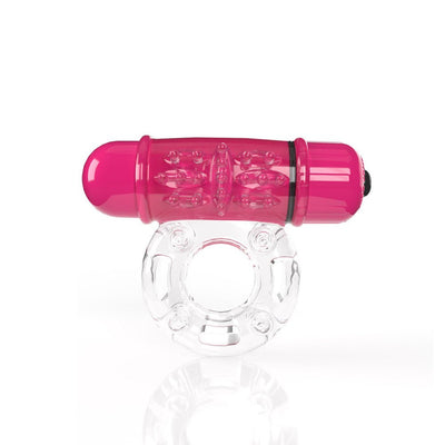 Clear stretchy vibrating cock ring with a pink textured bullet vibrator attachment on top.