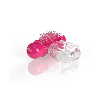 Clear and pink vibrating cock ring with textured ticklers and removable bullet vibrator on a white background.