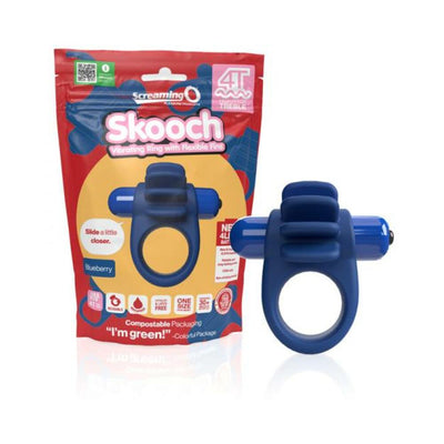 Blue Screaming O 4T Skooch vibrating ring with flexible fins shown next to eco-friendly compostable packaging.