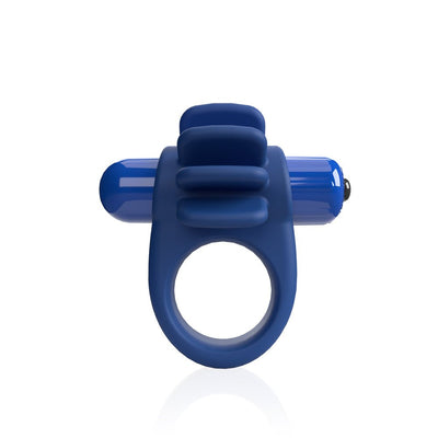 Blue silicone vibrating cock ring with four flexible fins and a detachable bullet vibrator.