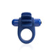 Blue silicone vibrating cock ring with four flexible fins and a detachable bullet vibrator.