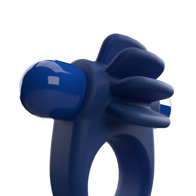 Blue silicone vibrating ring with four flexible textured fins and a smooth rounded motor housing.