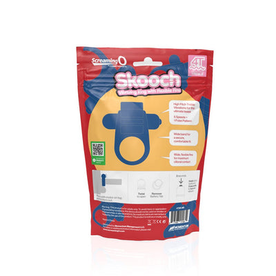 Screaming O 4T Skooch vibrating ring packaging showing product features and usage instructions on a red and yellow bag.