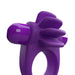 Purple vibrating cock ring with four flexible textured fins and dual bullet motors on each side.