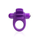Purple vibrating cock ring with four flexible textured fins and a smooth silicone band.